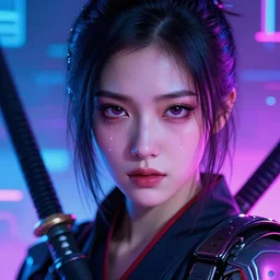 beautiful, young cyberpunk ninja woman, extremely detailed gorgeous face, looks realistic, hyper-detailed portrait, sad eyes tears, vaporwave aesthetic, synthwave, magical, fantasy, ninchaku , artist Artgerm i and WLOP