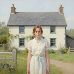 cottage with emma watson standing close in front, aesthetic, oil painting, pale colors, high detail, 8 k, wide angle, trending on artstation,