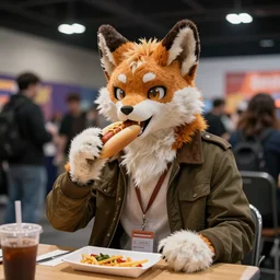 Ben Shapiro at the furry convention center eating hotdogs