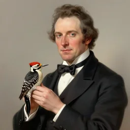 formal portrait of john james audubon holding one woodpecker. digital art by eugene de blaas, ross tran, and nasreddine dinet, vibrant color scheme, intricately detailed, in the style of romanticism. artstation, greg rutkowski