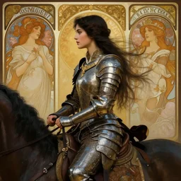 portrait of a beautiful mysterious woman warrior wearing an armour costume, profile view, hidden hands, riding horse, fantasy, regal, intricate, by stanley artgerm lau, greg rutkowski, thomas kinkade, alphonse mucha, loish, norman rockwell
