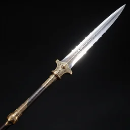 detail photo of long saber as spear, ornaments as etched hieroglyphs unknown language, weapon artbook, black background, back light, detail intricate, sharp focus, digital fantasy art