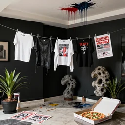 photograph of emo clothes drying in a luxury apartment, art supplies, propaganda leaflets, a large zen stone sculpture, paint dripping from ceiling, black walls, bromeliad, empty vegan pizza box