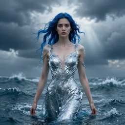 dress made of water, liquid, blue water hair woman, solemn, female, rising from ocean, high detail, high contrast, extreme close up portrait, stormy seas, bokeh, storm clouds, god rays, d & d, fantasy, elegant, silver blue color palette, cinematic, concept art, roger deakins, greg rutkowski, alphonse mucha