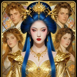 portrait of a beautiful cyberpunk geisha with blue hair, beautiful symmetrical face, golden, fantasy, regal, by stanley artgerm lau, greg rutkowski, thomas kindkade, alphonse mucha, loish, norman rockwell.