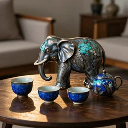 raku elephant tea set on a living room table, iron feathered, raku metallic, turquoise mottled, lapis lazuli crackle, golden hour lighting, deep color, bioluminescent