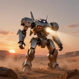 a beautiful 3 d render of hard surface soviet rocket mecha, shining its light across a tumultuous desert, sunset, orange glow, by greg rutkowski and thomas kinkade, cryengine, foggy,