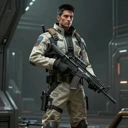 detailed scifi concept art of a scifi character, a tall and slim man with short black hair, wearing a beige jumpsuit holding a futuristic assault rifle in a scifi horror setting similar to Dead Space, 4K Artstation HQ, Octane Render