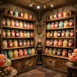 Inside an old fashioned sweet shop, sweet jars on shelves with beautiful labels, fantasy vendor interior, wide angle, cinematic, highly detailed, cinematic lighting, photorealistic, colourful, trending on artstation