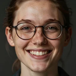 realistic ultra high detail beautiful portrait of a freckled woman with a unibrow smiling with spaced buck teeth and glasses, booger nose and zit covered skin with splotchy complexion and large ears