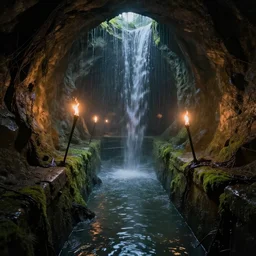 inside the ancient flooded sewers in the old part of the city. fantasy art, adventure, dripping water, standing water, channel, stagnant water, waterfall, rivulets, musty, moss, sewage, dark, underground, abandoned spaces, torch - lit. by peter jones and alan lee