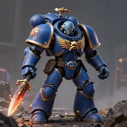 warhammer 40k ultramarine, digital art, hyper detailed, high quality, volumetric light