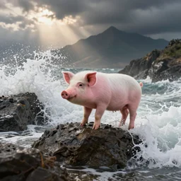 the cute little pink pig climbed over the mountains, and the white waves crashed against the mountains, by pablo carpio, greg rutkowski