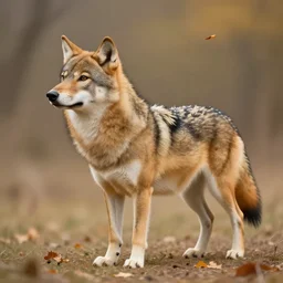 professional stylized full - body digital art of a side profile of a tibetan wolf, light brown and tan fur, fluffy, falling leaves, hd, 8 k, highly detailed, high quality, cute