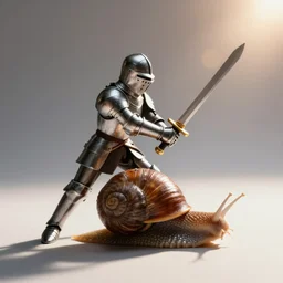 a tiny human knight in armor dramatically swinging his sword at an ordinary snail, cinematic lens flare, dramatic lighting, professional macro photography, kodachrome