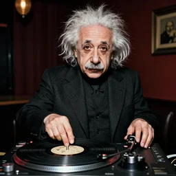 photo of Albert Einstein DJing a record player, vintage, highly detailed facial features, at a nightclub