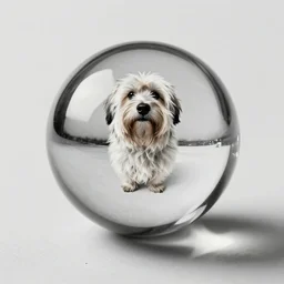image of a havanese dog reflected on the surface of a single chrome sphere, ultra wide 1 0 mm, by m c escher pen and paper