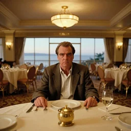 photorealistic ultra wide cinematography of the character jack torrance played by jack nicholson from stanley kubrick's 1 9 8 0 film the shining sitting at the overlook hotel's gold ballroom starring right at the camera shot on 3 5 mm eastman 5 2 4 7 film by the shining cinematographer john alcott shot on a wide kinoptik tegea 9. 8 mm lens. with golden ratio composition