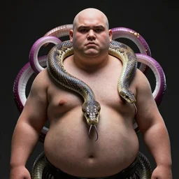 Shirtless bald fat man with a large snake that has onion rings around it, realistic artstyle, wide shot, dramatic lighting, octane render, hyperrealistic, high quality, highly detailed, HD, beautiful, cinematic, 8k, unreal engine, facial accuracy, symmetrical