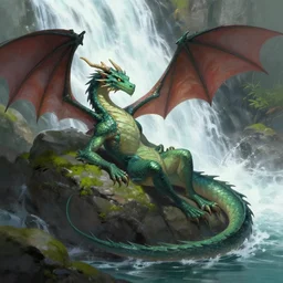 slender dragon relaxing by a waterfall, digital painting, artstation, art by Jaime Jones