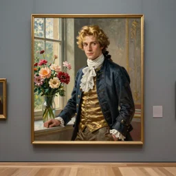 museum painting, wide - shot, photo of very handsome young yves saint - laurent in the age of 1 7, golden hair, dressed in 1 8 th century clothes, laces, by the window, vase with flowers, sharp focus, highly detailed, digital art, oil painting, masterpiece, artgerm, rutkowski, mucha, kinkade