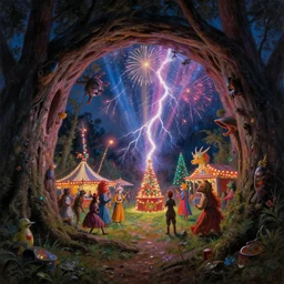 closeup of a night carnival around a magical in a summer storm, tree cavity with a music scenario with many fireworks and christmas lights,, volumetric lightning, intense colored god rays in the sky, folklore people disguised with fantastic creatures in a magical forest by summer night, masterpiece painted by martin johnson heade, scene by dark night environment, refraction lights,