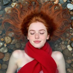 beautiful girl laying in water, hair floating around her face, auburn hair, colorful stones in water, top view, eyes closed, slight smile, pale skin, freckles, red scarf
