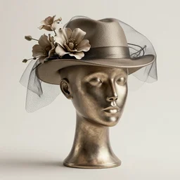 a head made out of metal, neutral palette, it is wearing a hat and a veil and flowes, vogue cover style, greg rutkowski style