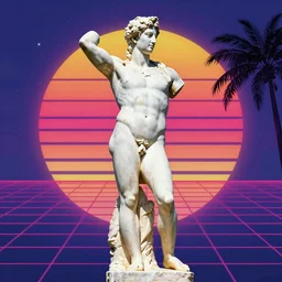 greek statue t posing, vibrant 9 0 s vaporwave background, retro inspired album art