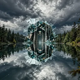lake of mirrors, shattered glass fractured textures, mirrored reflections, cinematic, filmic, realistic, stormy, ominous, portal, forest, kaleidoscope, hexagonal columns, grid, birds view