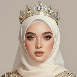 illustrated headshot portrait of a hijabi queen with beautiful crown, beautiful, symmetrical, soft lighting, detailed, cinematic, stunning, mucha, portrait photo, and art germ, clear detail
