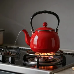 red enamel teapot heating up on a shiny stove, stream, photorealistic, professional photograph, DSLR, studio, deep focus, very sbarp, Rembrandt lighting, photo by Joe Glyda