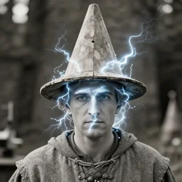 realistic photo of a a scientist medieval wooden cone hat, covered in tesla electricity aura, greyscale 1 9 9 0, life magazine photo, natural colors,