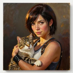 Tifa Lockhart holding a cat portrait, atmospheric lighting, painted, intricate, volumetric lighting, beautiful, rich deep colors masterpiece, golden hour, sharp focus, ultra detailed, by Leesha Hannigan, Ross Tran, Thierry Doizon, Kai Carpenter, Ignacio Fernández Ríos