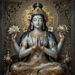 breathtaking detailed concept art painting art deco pattern a beautiful devi goddess with shinny skin on sitted on an intricate metal throne, hands pressed together in bow, light - flowers with kind piercing eyes and blend of flowers and gems, by hsiao - ron cheng and john james audubon, bizarre compositions, exquisite detail, extremely moody lighting, 8 k h 1 0 2 4