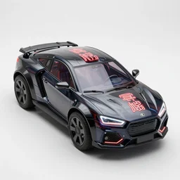 full shot of sci - fi vehicle made from dark glass and plastic surfaces with neon kanji decals in the style of bladerunner 2 0 4 9, ducati diavel, side lights, studio lighting, octane render, light background