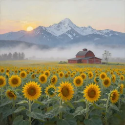 impressionism painting of a field of sunflower on a foggy morning, red barn in distance, sun low on horizon through snow capped mountains, soft light