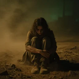 the last living human on earth, disaster, gloomy, sad, dust filled air, dim orange and green light, photography.