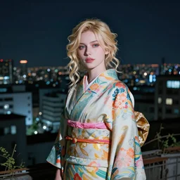 stunning, breathtaking, awe - inspiring award - winning portrait of an attractive white faerie with wavy blonde hair, wearing a colorful yukata in an endlessly sprawlling abandoned city at night, extremely moody lighting, intricate, soft focus, 8 k
