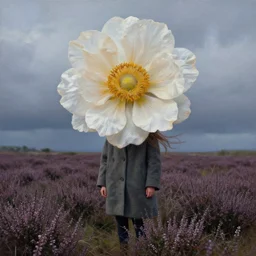 portrait, giant flower head, a girl wearing coat in heather field, surreal photography, wind and cold, dramatic sky, impressionist painting, digital painting, artstation, simon stalenhag