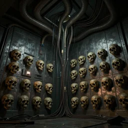 creepy cinematic low angle shot of a realistically rendered metal room with tubes and cables coming out of the ceiling and a wall of skulls, matte painting, illustration, dramatic lighting, moody lighting, dark colors, golden ratio, rule of thirds, environmental design, cinematic perspective, 8 k, realistic lighting, realistic shading, octane render