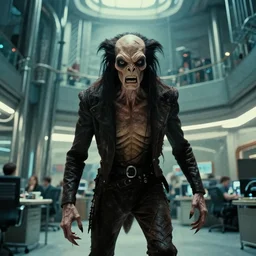 the creature in the high tech office building, it is furious, film still from the movie directed by denis villeneuve and david cronenberg with art direction by salvador dali
