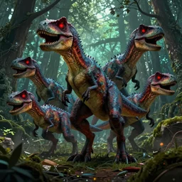 group of mutated nightmare velociraptors, red glowing eyes, hunting in the forest. in style of greg rutkowski and hyung - tae kim, trending on artstation, dark fantasy, great composition, concept art, highly detailed, dynamic pose, vibrant colors, epic, 8 k