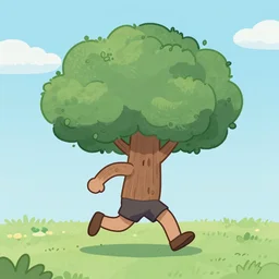 an anthropomorphic tree running away