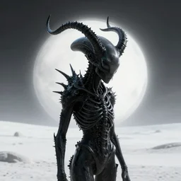 surreal portrait of abandoned ribbed black alien covered with black spinal spiky antlers, wastelands on white exoplanet, soft glow bloom effect, dream - like, baroque portrait painting, perfect composition, beautiful detailed intricate octane render, artstation, 8 k, photorealistic, volumetric cinematic light, chiaroscuro, masterpiece, raphael, caravaggio, beksinski, giger