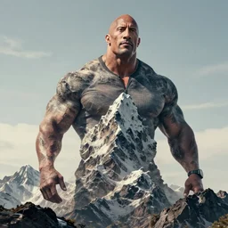 realistic still of cross between large mountain & dwayne johnson, mountain made of dwayne johnson, mountain has dwayne johnson as texture, mountain & human fuse, mountain & human mixture, personification, hybrid, biomorphic, lovecraftian, surrealism, 8 k, 8 5 mm, f. 1 4, beautiful composition