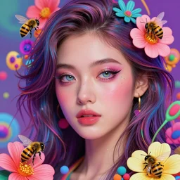 young beautiful woman, gorgeous face, vaporwave aesthetic, synthwave, colorful, psychedelic, artstation, flowers, bees, concept art, smooth, extremely sharp detail, finely tuned detail, 8 k, unreal engine 5, ultra sharp focus, illustration, art by artgerm and greg rutkowski and alphonse mucha