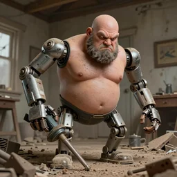 mechanical powertool! limbs attached to grumpy chunky bald handyman, mechanical powertools as hands, unkept facial hair, wrecks dusty old home, full body, hyperrealistic absurdist digital art masterpiece, highly detailed neo pop surrealism, jason limon kay sage hannah yata, dramatic lighting, low angle, uhd 8 k, sharp focus