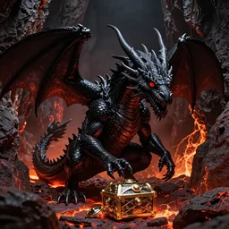 black dragon with red eyes guarding his treasure in a lava cave, 4k, ultra realistic