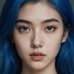 hd photograph of a pretty girl with blue hair, thick black eyebrows, cute nose, big eyes, anatomically correct, close up portrait, skin texture, in the style of ilya kuvshinov, dramatic lighting, intricate, elegant, highly detailed, lifelike, photorealistic, digital painting, bokeh, hdr, high resolution, unsplash, smooth, sharp focus, art by krenz cushart and albert aublet